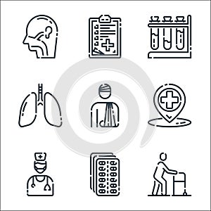 Medical line icons. linear set. quality vector line set such as old man, pills, doctor, location, injury, lungs, tubs, medical