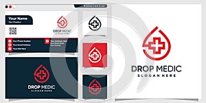 Medical logo with drop blood line art style and business card design template, health, care, wellness, Premium Vector