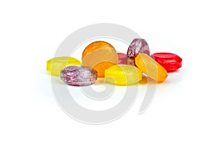 Medical lozenges for relief cough, sore throat and throat irritation isolated on white background. Cough and colds drop. Colorful