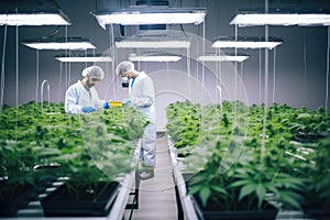 medical marijuana cultivation facility, with staff tending to plants and products