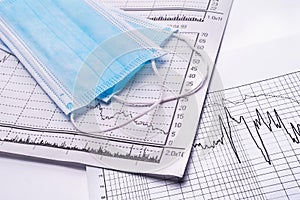 Medical mask and chart. Coronavirus statistics of daily growth