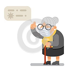 Medical mask coronavirus hazard wise teacher guidance granny old lady character cartoon flat design vector illustration