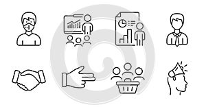 Medical mask, Handshake and Buyers icons set. Business report, Brand ambassador and Click hand signs. Vector