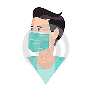 Medical mask. Healthy man in medical protection mask. Caring for health at flu epidemic time. Vector illustration, flat