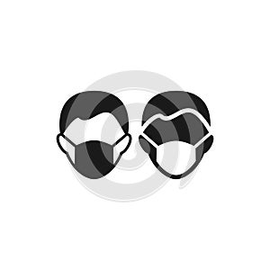 Medical mask on human head black isolated vector icon.