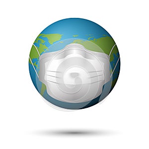 Medical mask on planet earth, disease or pollution concept, vector