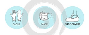 Medical mask, rubber gloves and shoe covers. Icons of personal hygiene and virus protection. Vector illustration