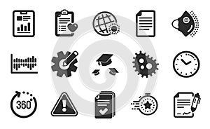 Medical mask, Time and File icons set. Column diagram, Timer and 360 degrees signs. Vector