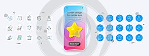Medical mask, Update time and Medical tablet line icons. For web app, printing. Phone mockup with 3d star icon. Vector