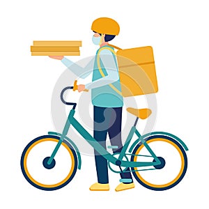 A medical masked courier delivers food on a bicycle during the Covid19 coronavirus virus epidemic. Deliveryman with a parcel box