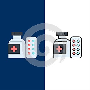 Medical, Medicine, Pills, Hospital  Icons. Flat and Line Filled Icon Set Vector Blue Background