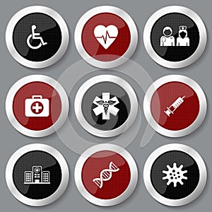 Medical, medicine vector icons, set of silver metallic healthcare concept glossy web buttons