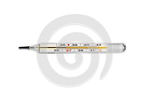 Medical mercury thermometer shows a temperature of 36.6 degrees, horizontal, isolated on a white background. The concept of health