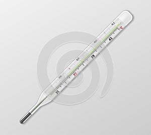 Medical mercury thermometer on white background. Realistic temperature diagnostic measurement instrument isolated