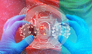 Medical molecular conceptwith backgroung of waving national flag of Afghanistan. Waved highly detailed close-up 3D photo