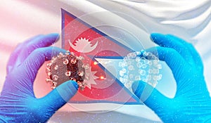 Medical molecular conceptwith backgroung of waving national flag of Nepal. Pandemic 3D illustration.