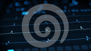 Medical monitor with blue lines of ECG rendering with DOF