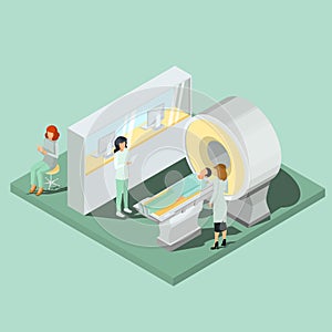 Medical MRI scanner, medical personnel and patient isometric projector vector