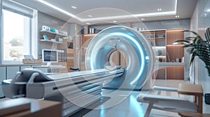 Medical MRI scanner in radiology room in hospital, CT machine in clinic interior. Theme of tomography, cancer, equipment,