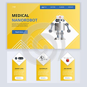 Medical nanorobot flat landing page website template. Smart lens, autopilot, air drone. Web banner with header, content