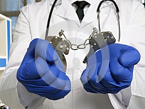 Medical negligence or neglect. Doctor stands in handcuffs