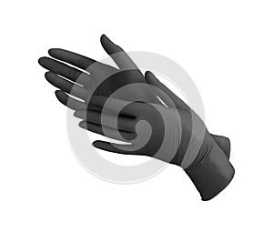 Medical nitrile gloves.Two black surgical gloves isolated on white background with hands. Rubber glove manufacturing, human hand