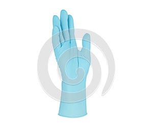 Medical nitrile gloves.Two blue surgical gloves isolated on white background with hands. Rubber glove manufacturing, human hand is