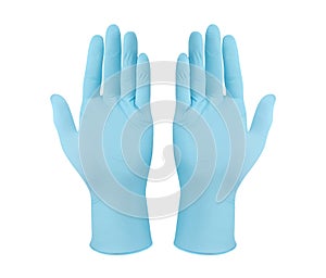 Medical nitrile gloves.Two blue surgical gloves isolated on white background with hands. Rubber glove manufacturing, human hand is