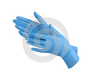 Medical nitrile gloves.Two blue surgical gloves isolated on white background with hands. Rubber glove manufacturing, human hand