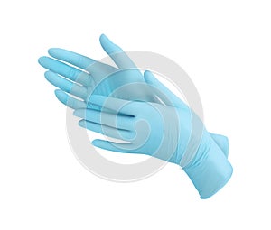 Medical nitrile gloves.Two blue surgical gloves isolated on white background with hands. Rubber glove manufacturing, human hand