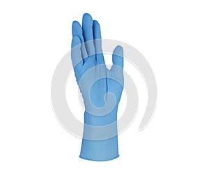 Medical nitrile gloves.Two blue surgical gloves isolated on white background with hands. Rubber glove manufacturing, human hand