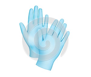 Medical nitrile gloves.Two blue surgical gloves isolated on white background with hands. Rubber glove manufacturing, human hand