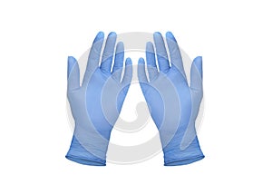 Medical nitrile gloves.Two blue surgical gloves isolated on white background with hands. Rubber glove manufacturing, human hand photo