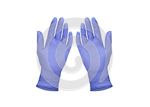 Medical nitrile gloves.Two blue surgical gloves isolated on white background with hands. Rubber glove manufacturing, human hand