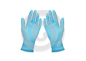 Medical nitrile gloves.Two blue surgical gloves isolated on white background with hands. Rubber glove manufacturing, human hand