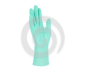 Medical nitrile gloves.Two green surgical gloves isolated on white background with hands. Rubber glove manufacturing, human hand