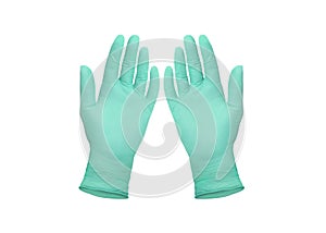 Medical nitrile gloves.Two green surgical gloves isolated on white background with hands. Rubber glove manufacturing, human hand