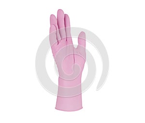 Medical nitrile gloves.Two pink surgical gloves isolated on white background with hands. Rubber glove manufacturing, human hand