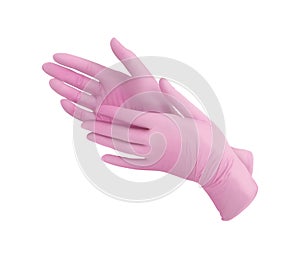 Medical nitrile gloves.Two pink surgical gloves isolated on white background with hands. Rubber glove manufacturing, human hand