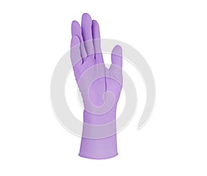 Medical nitrile gloves.Two violet surgical gloves isolated on white background with hands. Rubber glove manufacturing, human hand