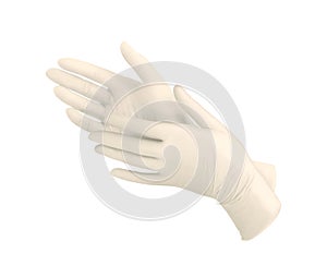 Medical nitrile gloves.Two white surgical gloves isolated on white background with hands. Rubber glove manufacturing, human hand