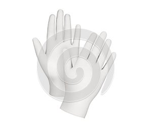 Medical nitrile gloves.Two white surgical gloves isolated on white background with hands. Rubber glove manufacturing, human hand