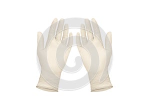 Medical nitrile gloves.Two white surgical gloves isolated on white background with hands. Rubber glove manufacturing, human hand