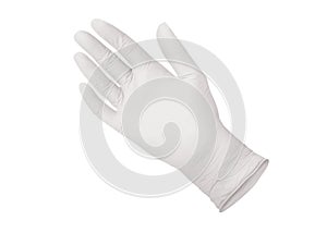 Medical nitrile gloves.Two white surgical gloves isolated on white background with hands. Rubber glove manufacturing, human hand