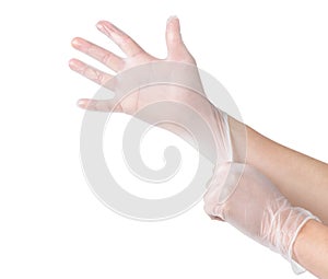 Medical nitrile gloves.Two white surgical gloves isolated on white background with hands. Rubber glove manufacturing, human hand photo