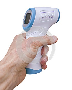 Medical non-contact digital infrared thermometer in hand isolated. png transparent