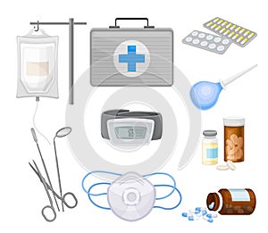 Medical Objects from First Aid Box with Face Mask and Bottles with Pills Vector Set