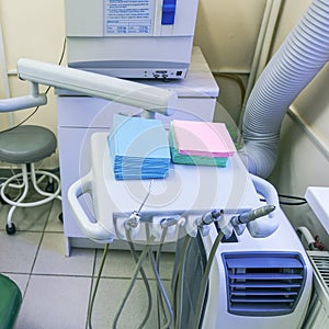 Medical office. Dentist`s office, oral hygiene, dental instruments close-up
