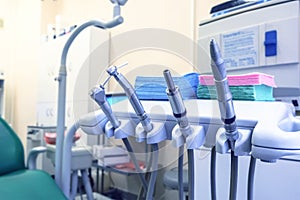 Medical office. Dentist`s office, oral hygiene, dental instruments close-up