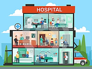 Medical office rooms. Hospital building interior, emergency clinic doctor waiting room and surgery doctors cartoon vector